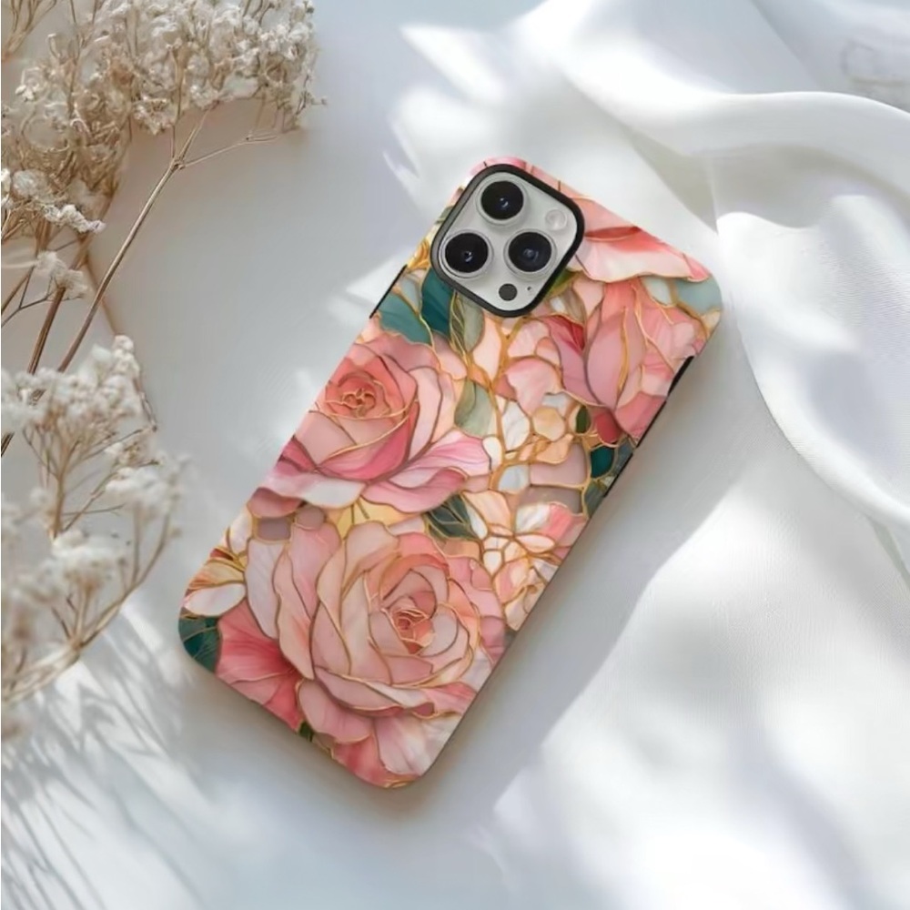 Pink rose flower stained glass iPhone 14 Pro Max case
